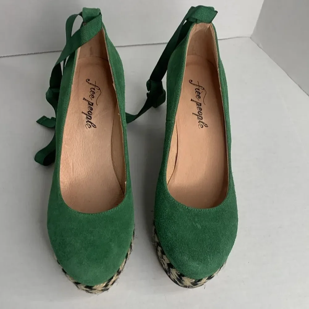 Free People Charade green suede espadrille platform wedge ankle tie pumps NWOB